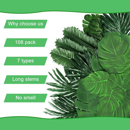 7 Kinds Artificial Tropical Leaf Jungle Leaves Plant Safari Leaves Decorations Fake Palm Leaf with Stems for Hawaiian Luau Party Table Beach Birthday Wedding Theme Party Decorations