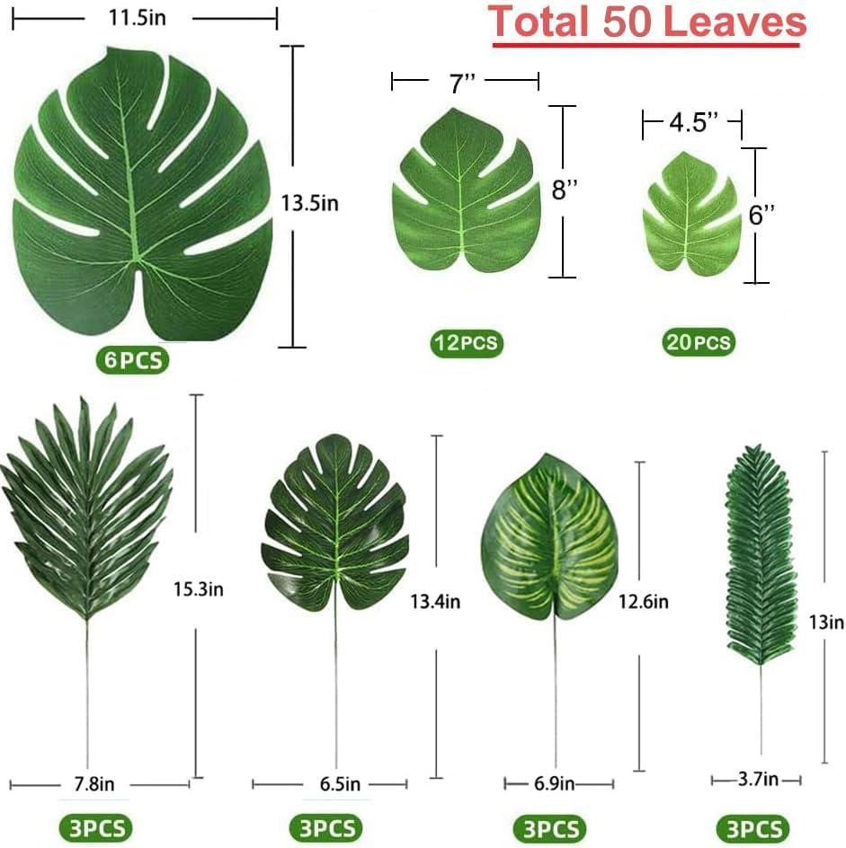 7 Kinds Artificial Tropical Leaf Jungle Leaves Plant Safari Leaves Decorations Fake Palm Leaf with Stems for Hawaiian Luau Party Table Beach Birthday Wedding Theme Party Decorations