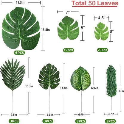 7 Kinds Artificial Tropical Leaf Jungle Leaves Plant Safari Leaves Decorations Fake Palm Leaf with Stems for Hawaiian Luau Party Table Beach Birthday Wedding Theme Party Decorations