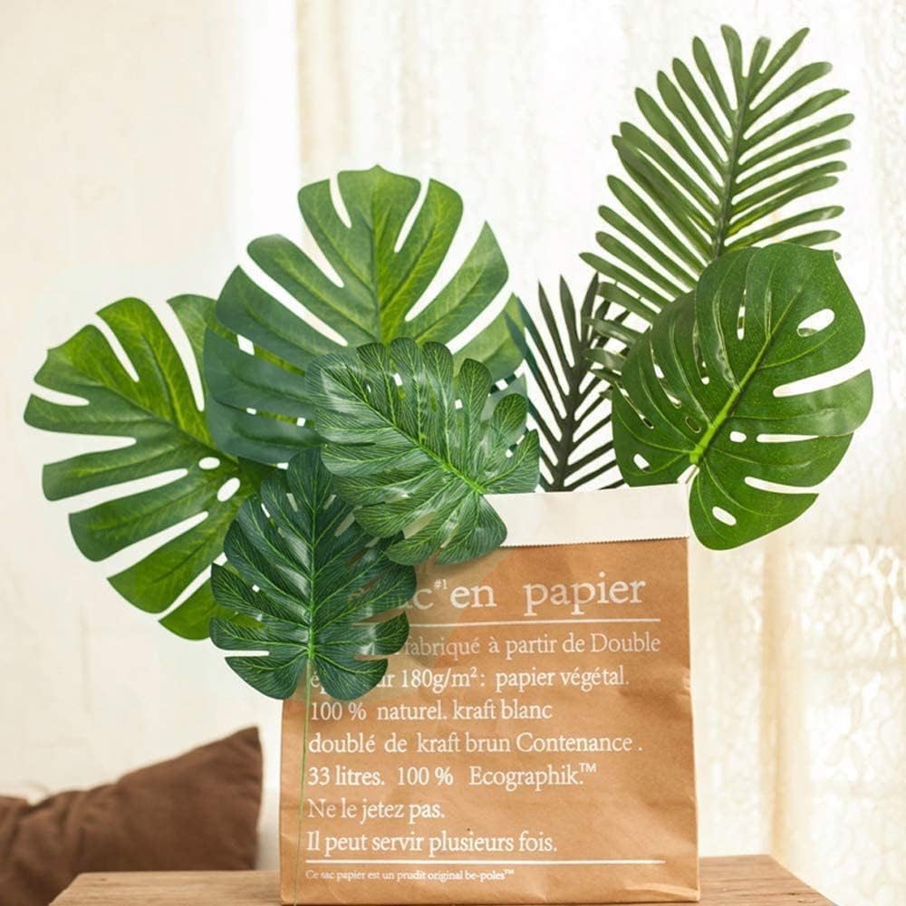 7 Kinds Artificial Tropical Leaf Jungle Leaves Plant Safari Leaves Decorations Fake Palm Leaf with Stems for Hawaiian Luau Party Table Beach Birthday Wedding Theme Party Decorations