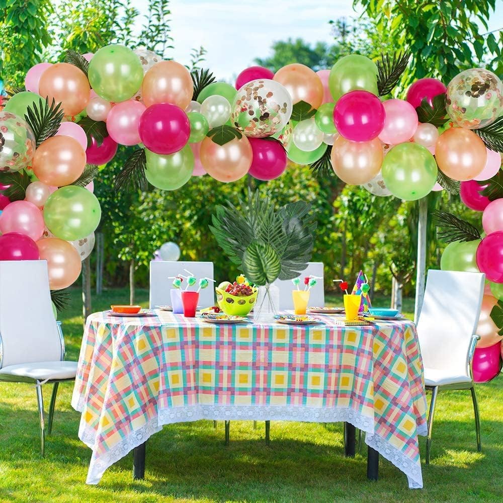 7 Kinds Artificial Tropical Leaf Jungle Leaves Plant Safari Leaves Decorations Fake Palm Leaf with Stems for Hawaiian Luau Party Table Beach Birthday Wedding Theme Party Decorations