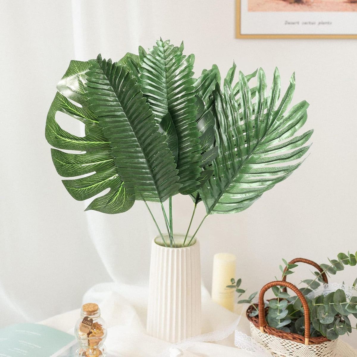 7 Kinds Artificial Tropical Leaf Jungle Leaves Plant Safari Leaves Decorations Fake Palm Leaf with Stems for Hawaiian Luau Party Table Beach Birthday Wedding Theme Party Decorations