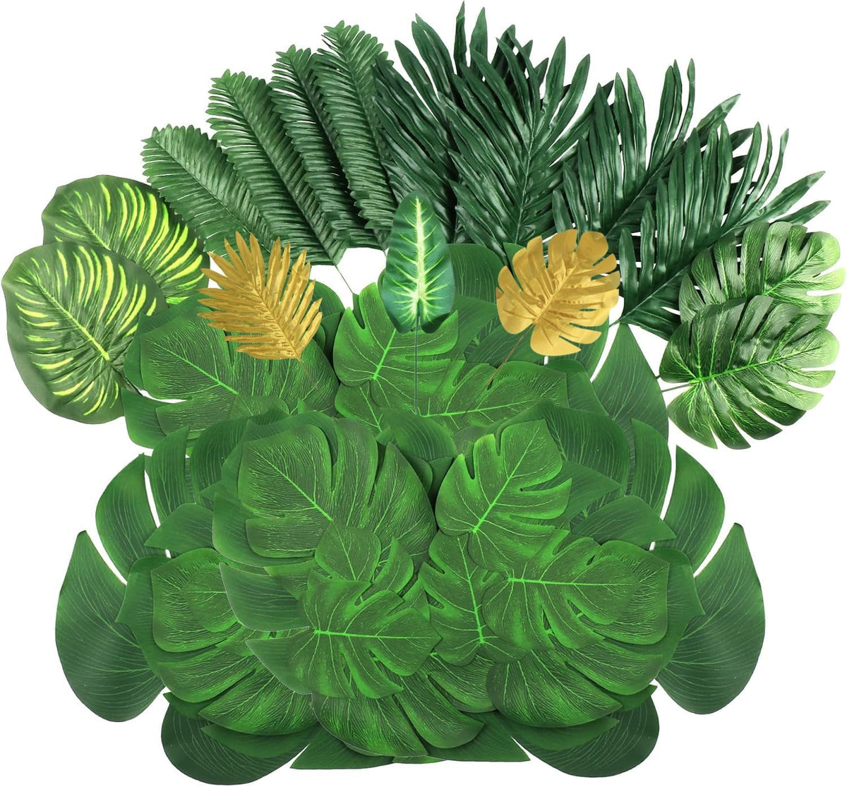7 Kinds Artificial Tropical Leaf Jungle Leaves Plant Safari Leaves Decorations Fake Palm Leaf with Stems for Hawaiian Luau Party Table Beach Birthday Wedding Theme Party Decorations