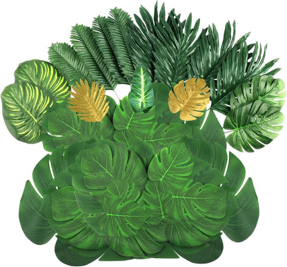 7 Kinds Artificial Tropical Leaf Jungle Leaves Plant Safari Leaves Decorations Fake Palm Leaf with Stems for Hawaiian Luau Party Table Beach Birthday Wedding Theme Party Decorations
