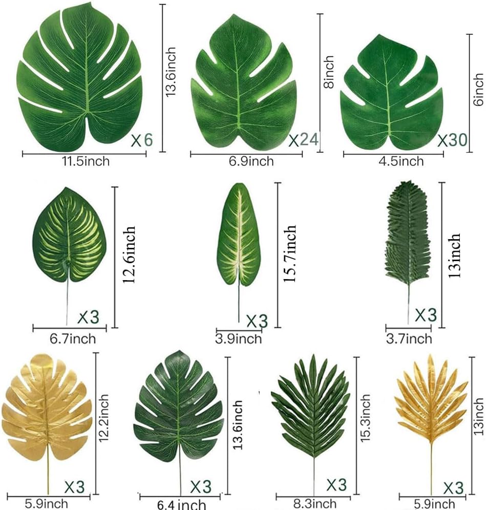 7 Kinds Artificial Tropical Leaf Jungle Leaves Plant Safari Leaves Decorations Fake Palm Leaf with Stems for Hawaiian Luau Party Table Beach Birthday Wedding Theme Party Decorations