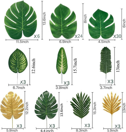7 Kinds Artificial Tropical Leaf Jungle Leaves Plant Safari Leaves Decorations Fake Palm Leaf with Stems for Hawaiian Luau Party Table Beach Birthday Wedding Theme Party Decorations