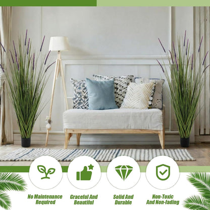 Thiccywoov 2 Pack Artificial Grass Plants, 5ft Tall Fake Lavender Plants Grass Indoor Outdoor in Pot, UV Resistant Fake Tall Greenery Lavender for Front Porch, Patio, Balcony Home House Decor
