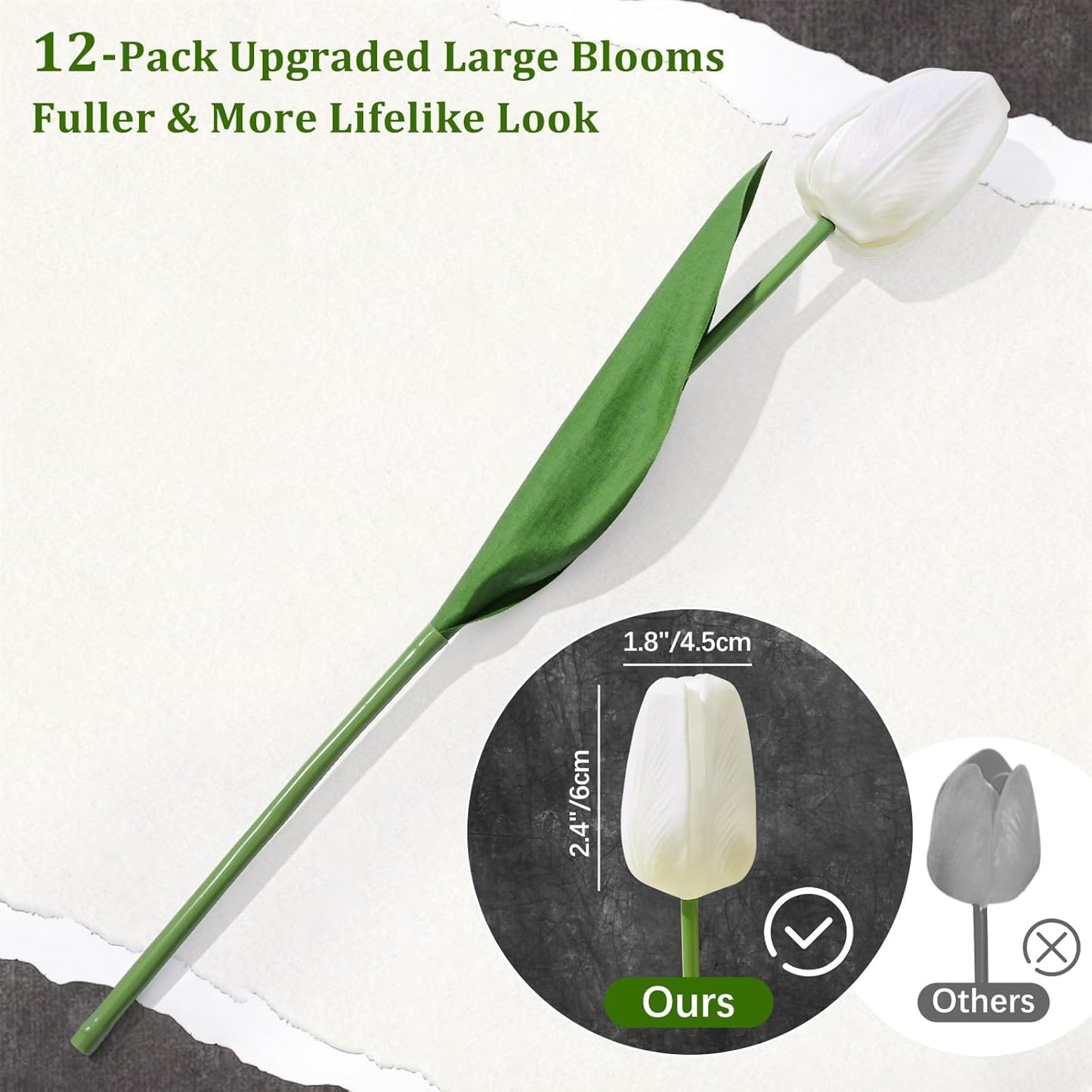 12-Pack White Tulips Artificial Flowers, Real Touch Latex Faux Tulips with Large Full Buds, Lifelike Vibrant Fake Tulips Bouquet for Spring Wedding Home Décor, Table & Party Centerpiece