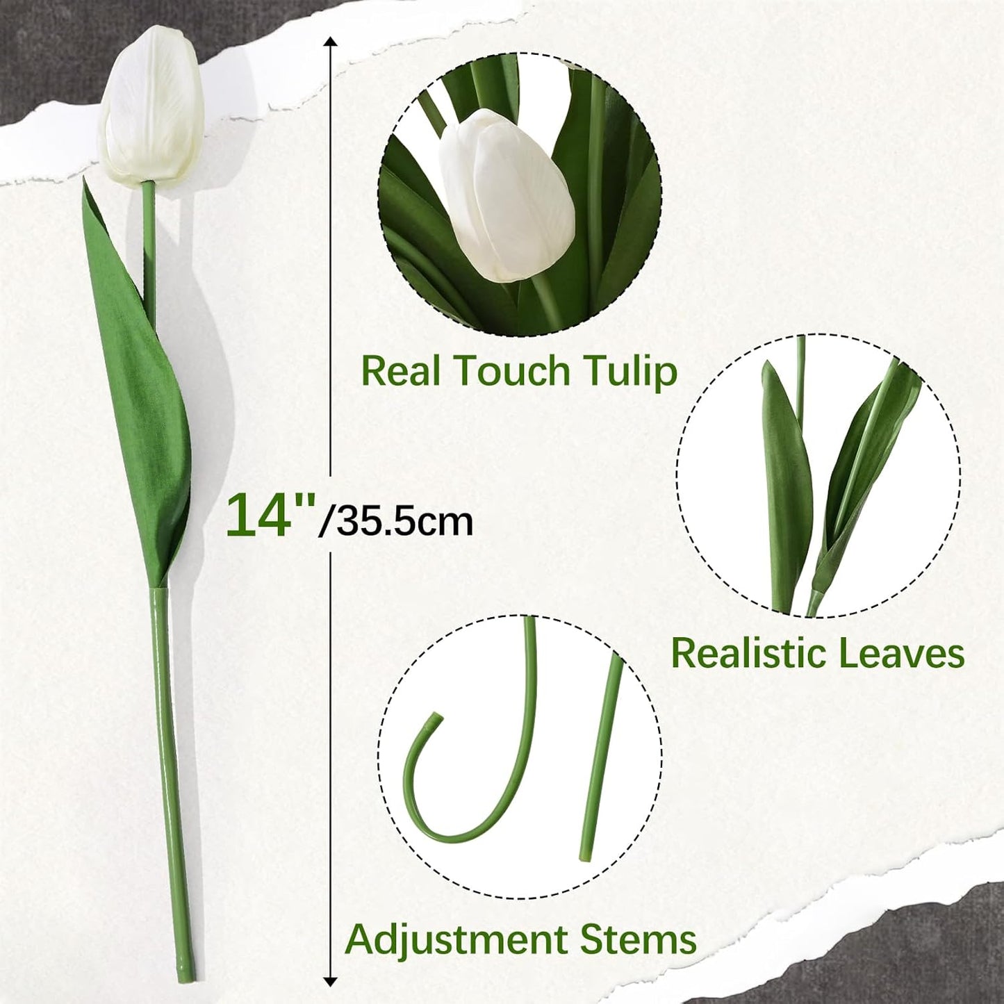 12-Pack White Tulips Artificial Flowers, Real Touch Latex Faux Tulips with Large Full Buds, Lifelike Vibrant Fake Tulips Bouquet for Spring Wedding Home Décor, Table & Party Centerpiece