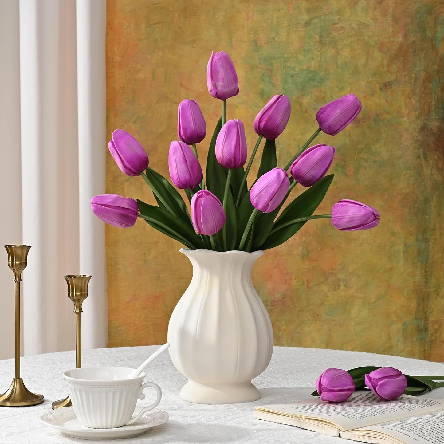 12-Pack White Tulips Artificial Flowers, Real Touch Latex Faux Tulips with Large Full Buds, Lifelike Vibrant Fake Tulips Bouquet for Spring Wedding Home Décor, Table & Party Centerpiece