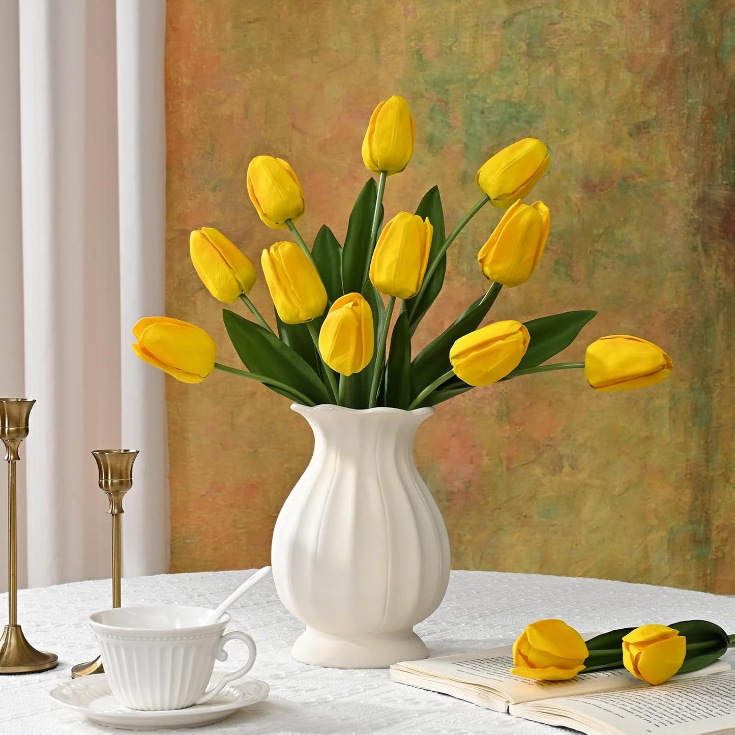 12-Pack White Tulips Artificial Flowers, Real Touch Latex Faux Tulips with Large Full Buds, Lifelike Vibrant Fake Tulips Bouquet for Spring Wedding Home Décor, Table & Party Centerpiece