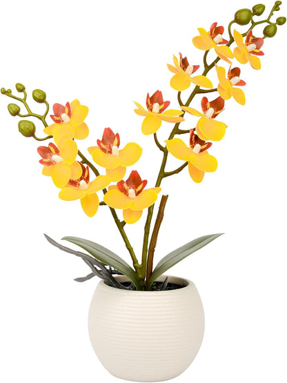 Purple Orchid Artificial Flowers 2 Stems in Grey Pot, Potted Faux Orchid Flower for Home Bathroom Table Living Room Office Kitchen Decor