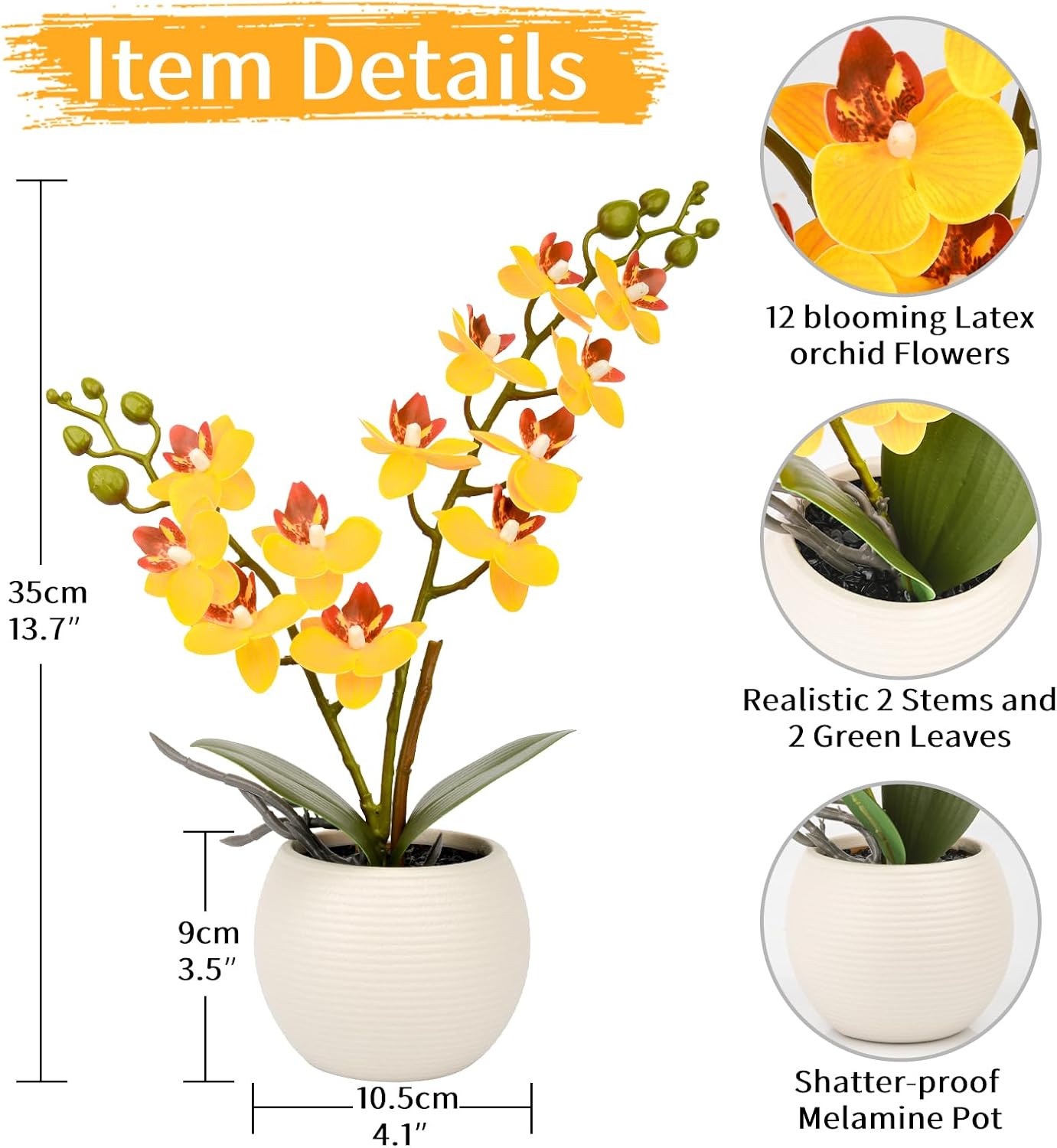 Purple Orchid Artificial Flowers 2 Stems in Grey Pot, Potted Faux Orchid Flower for Home Bathroom Table Living Room Office Kitchen Decor