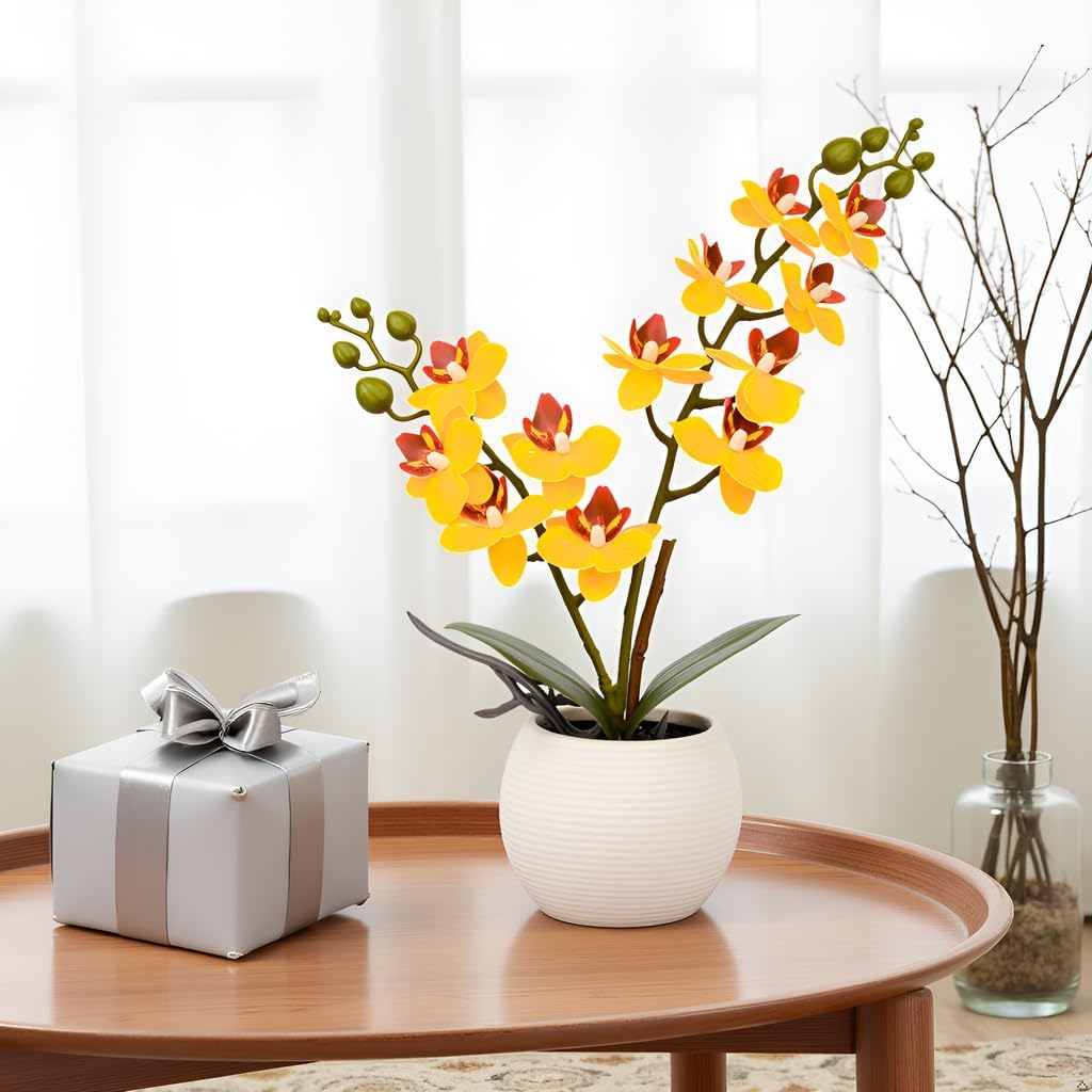 Purple Orchid Artificial Flowers 2 Stems in Grey Pot, Potted Faux Orchid Flower for Home Bathroom Table Living Room Office Kitchen Decor