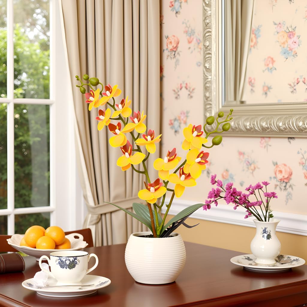 Purple Orchid Artificial Flowers 2 Stems in Grey Pot, Potted Faux Orchid Flower for Home Bathroom Table Living Room Office Kitchen Decor