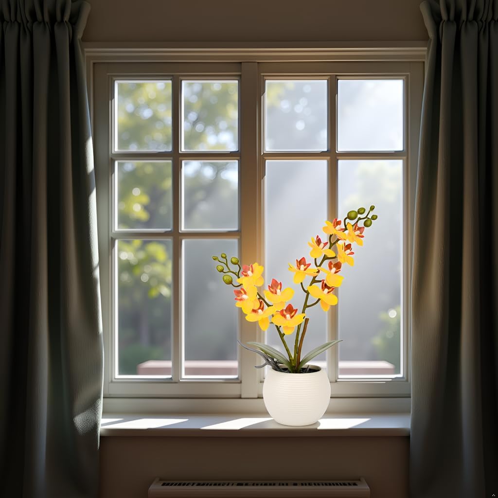 Purple Orchid Artificial Flowers 2 Stems in Grey Pot, Potted Faux Orchid Flower for Home Bathroom Table Living Room Office Kitchen Decor