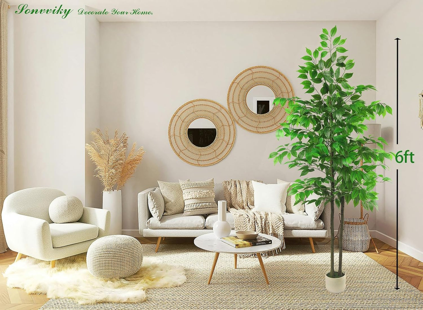 Artificial Ficus Tree 6ft, Fake Trees for Home Office Decor, Artificial Trees with Realistic Silk Leaves & Resin Trunk, Indoor Potted Tall Plants for Living Room, Hotel, Lobby, No Maintenance Needed