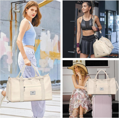 Womens Gym Tote Duffle Bag with Wet Pocket & Shoe Compartment, Sports Duffel Overnight Weekender Hospital Workout Carry on Bag for Girls, Ideal for Travel, Swimming, Dance, Ballet Beige