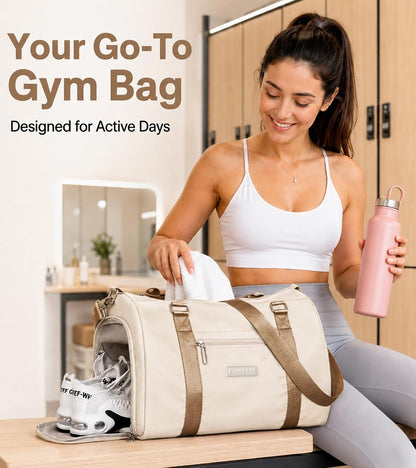 Womens Gym Tote Duffle Bag with Wet Pocket & Shoe Compartment, Sports Duffel Overnight Weekender Hospital Workout Carry on Bag for Girls, Ideal for Travel, Swimming, Dance, Ballet Beige