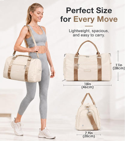 Womens Gym Tote Duffle Bag with Wet Pocket & Shoe Compartment, Sports Duffel Overnight Weekender Hospital Workout Carry on Bag for Girls, Ideal for Travel, Swimming, Dance, Ballet Beige