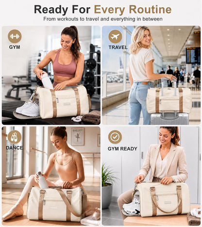 Womens Gym Tote Duffle Bag with Wet Pocket & Shoe Compartment, Sports Duffel Overnight Weekender Hospital Workout Carry on Bag for Girls, Ideal for Travel, Swimming, Dance, Ballet Beige
