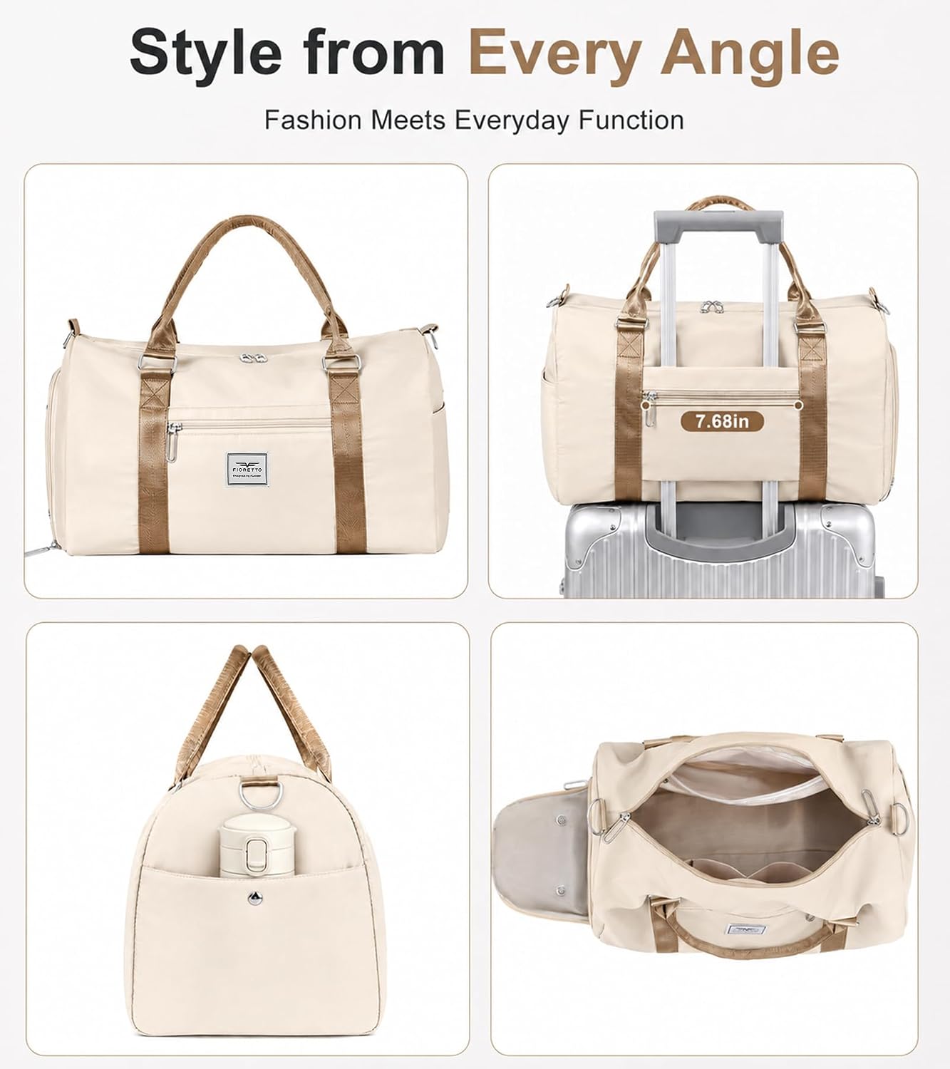 Womens Gym Tote Duffle Bag with Wet Pocket & Shoe Compartment, Sports Duffel Overnight Weekender Hospital Workout Carry on Bag for Girls, Ideal for Travel, Swimming, Dance, Ballet Beige