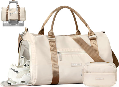 Womens Gym Tote Duffle Bag with Wet Pocket & Shoe Compartment, Sports Duffel Overnight Weekender Hospital Workout Carry on Bag for Girls, Ideal for Travel, Swimming, Dance, Ballet Beige