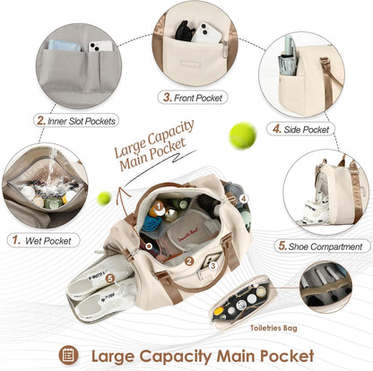 Womens Gym Tote Duffle Bag with Wet Pocket & Shoe Compartment, Sports Duffel Overnight Weekender Hospital Workout Carry on Bag for Girls, Ideal for Travel, Swimming, Dance, Ballet Beige