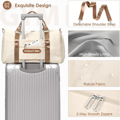 Womens Gym Tote Duffle Bag with Wet Pocket & Shoe Compartment, Sports Duffel Overnight Weekender Hospital Workout Carry on Bag for Girls, Ideal for Travel, Swimming, Dance, Ballet Beige