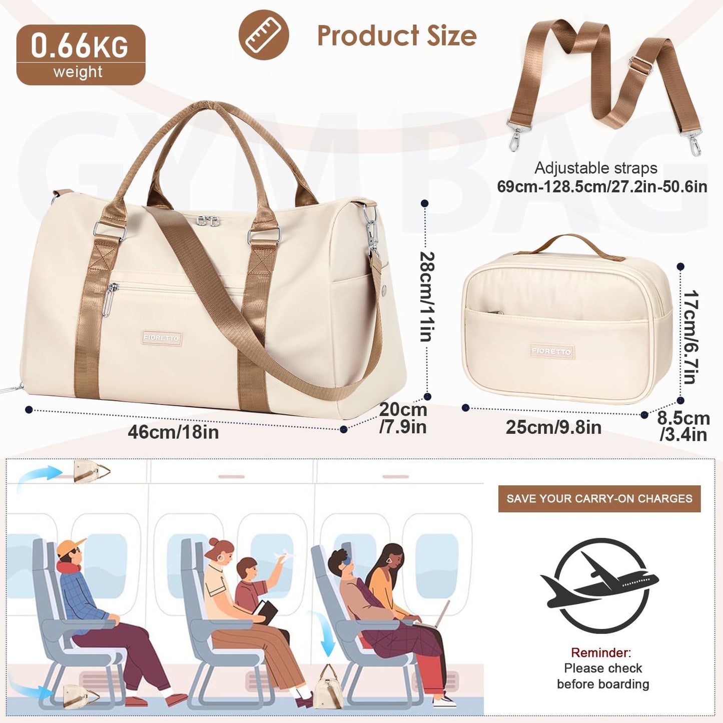 Womens Gym Tote Duffle Bag with Wet Pocket & Shoe Compartment, Sports Duffel Overnight Weekender Hospital Workout Carry on Bag for Girls, Ideal for Travel, Swimming, Dance, Ballet Beige