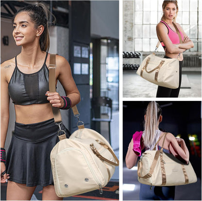 Womens Gym Tote Duffle Bag with Wet Pocket & Shoe Compartment, Sports Duffel Overnight Weekender Hospital Workout Carry on Bag for Girls, Ideal for Travel, Swimming, Dance, Ballet Beige