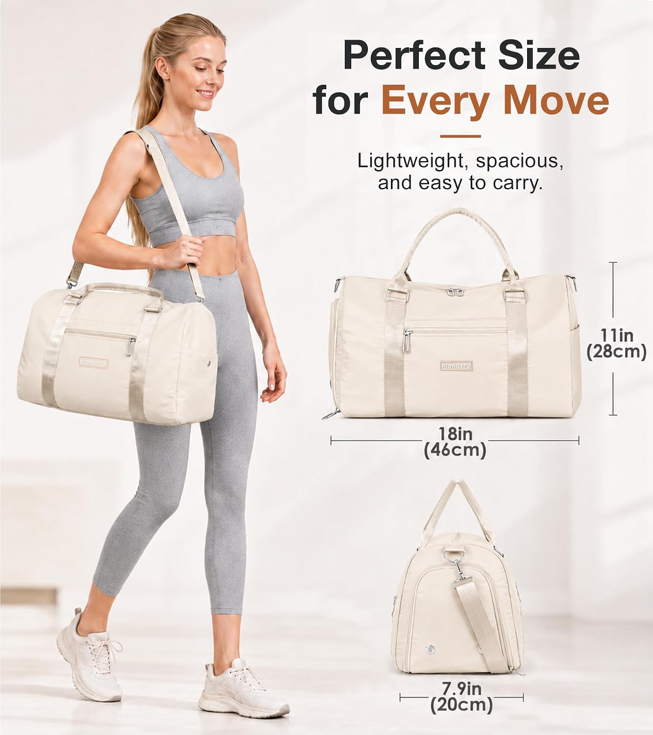 Womens Gym Tote Duffle Bag with Wet Pocket & Shoe Compartment, Sports Duffel Overnight Weekender Hospital Workout Carry on Bag for Girls, Ideal for Travel, Swimming, Dance, Ballet Beige