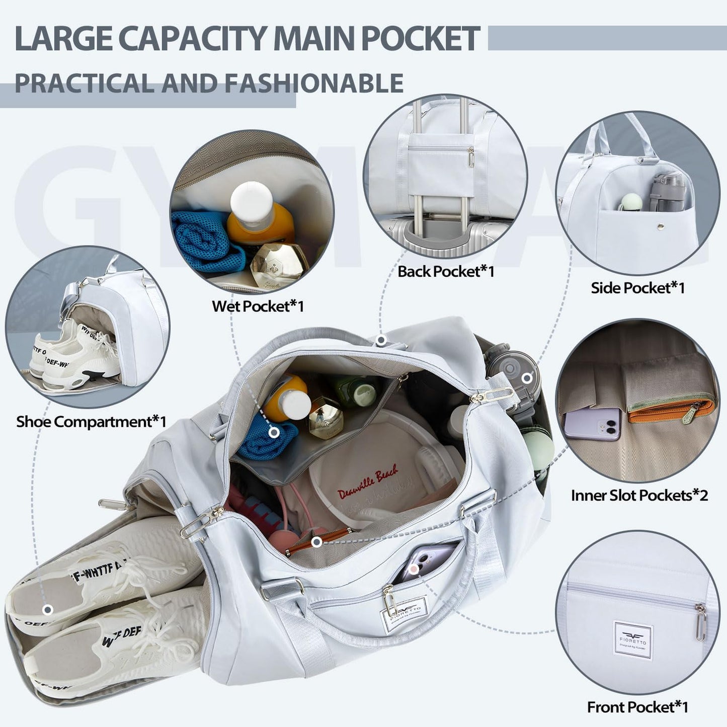 Womens Gym Tote Duffle Bag with Wet Pocket & Shoe Compartment, Sports Duffel Overnight Weekender Hospital Workout Carry on Bag for Girls, Ideal for Travel, Swimming, Dance, Ballet Beige