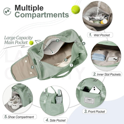 Womens Gym Tote Duffle Bag with Wet Pocket & Shoe Compartment, Sports Duffel Overnight Weekender Hospital Workout Carry on Bag for Girls, Ideal for Travel, Swimming, Dance, Ballet Beige