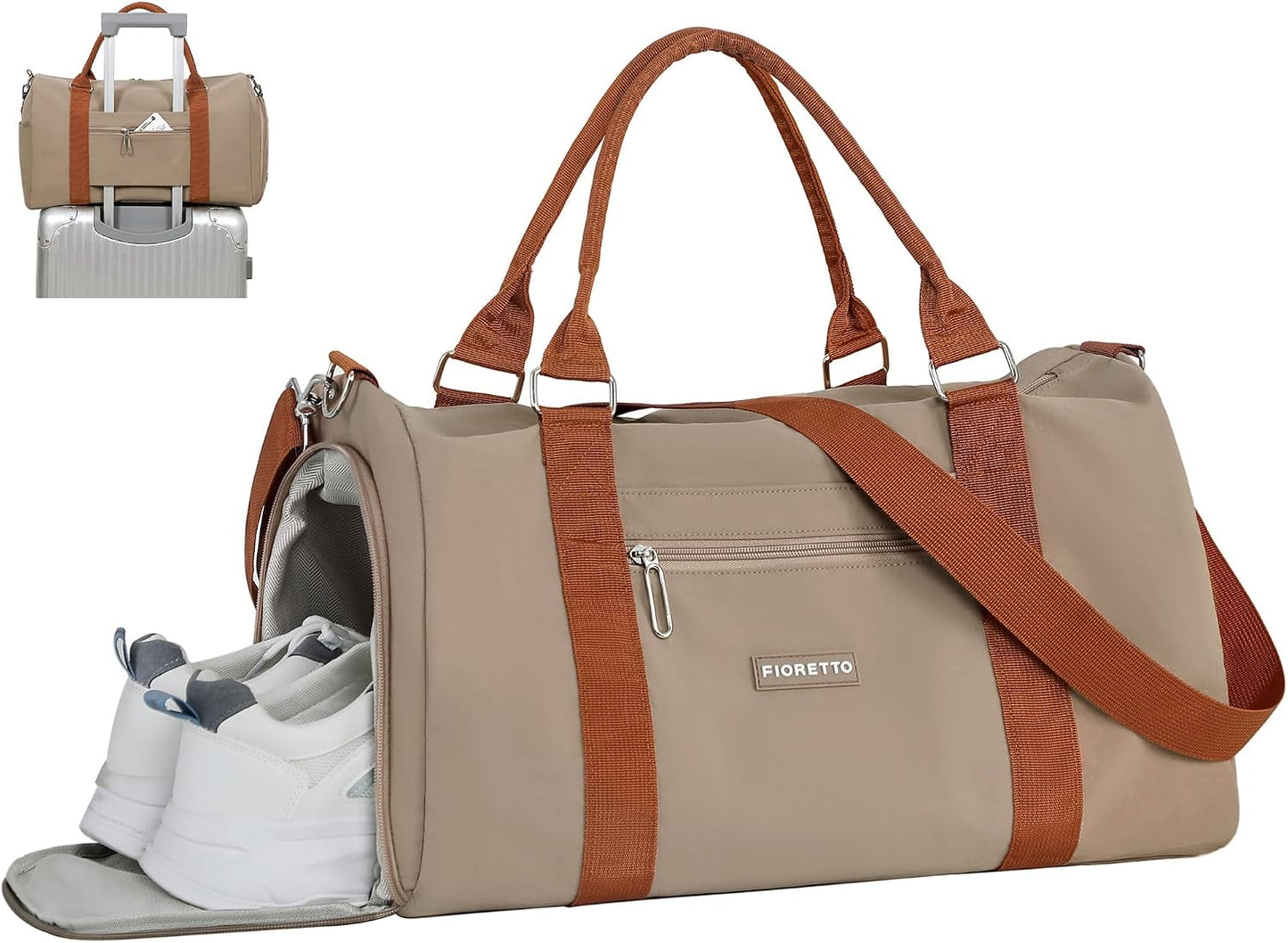 Womens Gym Tote Duffle Bag with Wet Pocket & Shoe Compartment, Sports Duffel Overnight Weekender Hospital Workout Carry on Bag for Girls, Ideal for Travel, Swimming, Dance, Ballet Beige