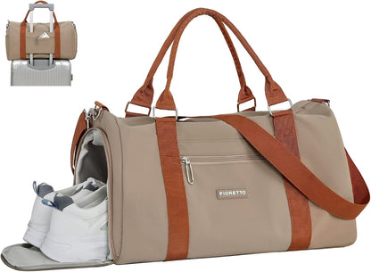 Womens Gym Tote Duffle Bag with Wet Pocket & Shoe Compartment, Sports Duffel Overnight Weekender Hospital Workout Carry on Bag for Girls, Ideal for Travel, Swimming, Dance, Ballet Beige