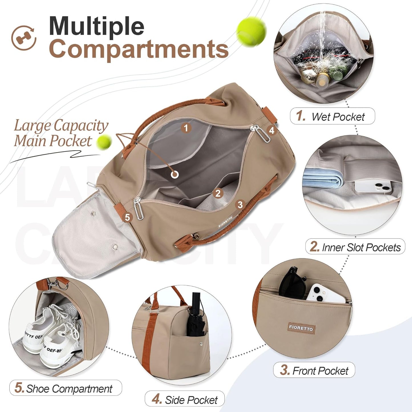 Womens Gym Tote Duffle Bag with Wet Pocket & Shoe Compartment, Sports Duffel Overnight Weekender Hospital Workout Carry on Bag for Girls, Ideal for Travel, Swimming, Dance, Ballet Beige