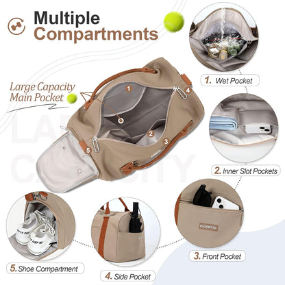 Womens Gym Tote Duffle Bag with Wet Pocket & Shoe Compartment, Sports Duffel Overnight Weekender Hospital Workout Carry on Bag for Girls, Ideal for Travel, Swimming, Dance, Ballet Beige