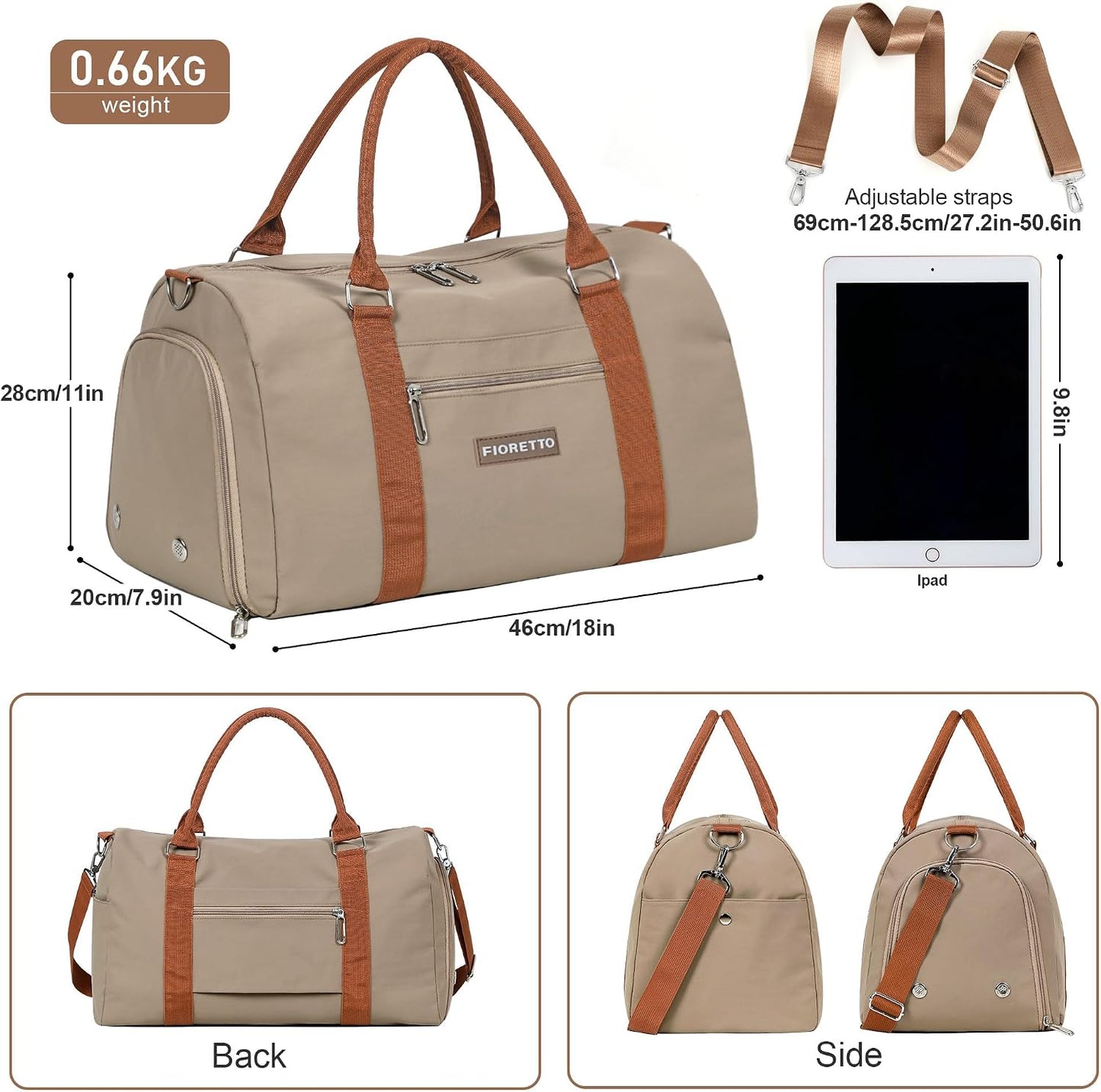 Womens Gym Tote Duffle Bag with Wet Pocket & Shoe Compartment, Sports Duffel Overnight Weekender Hospital Workout Carry on Bag for Girls, Ideal for Travel, Swimming, Dance, Ballet Beige