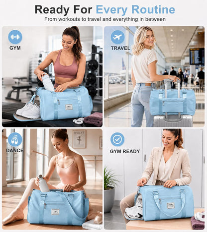 Womens Gym Tote Duffle Bag with Wet Pocket & Shoe Compartment, Sports Duffel Overnight Weekender Hospital Workout Carry on Bag for Girls, Ideal for Travel, Swimming, Dance, Ballet Beige