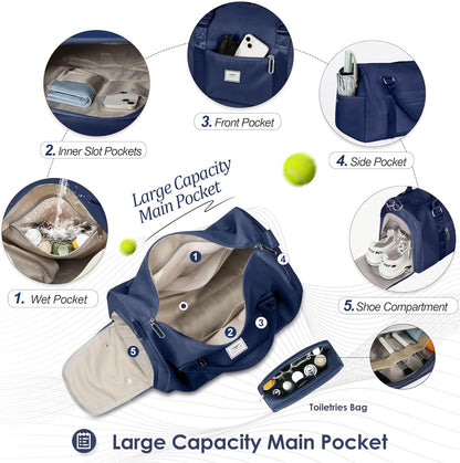 Womens Gym Tote Duffle Bag with Wet Pocket & Shoe Compartment, Sports Duffel Overnight Weekender Hospital Workout Carry on Bag for Girls, Ideal for Travel, Swimming, Dance, Ballet Beige