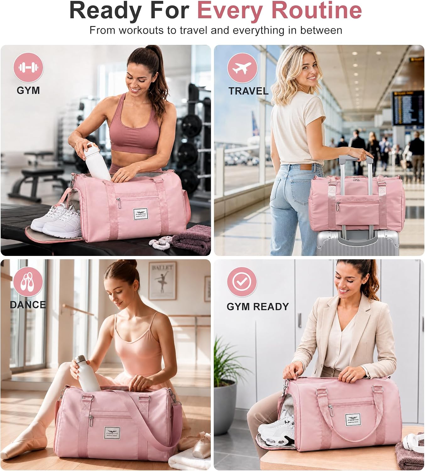Womens Gym Tote Duffle Bag with Wet Pocket & Shoe Compartment, Sports Duffel Overnight Weekender Hospital Workout Carry on Bag for Girls, Ideal for Travel, Swimming, Dance, Ballet Beige