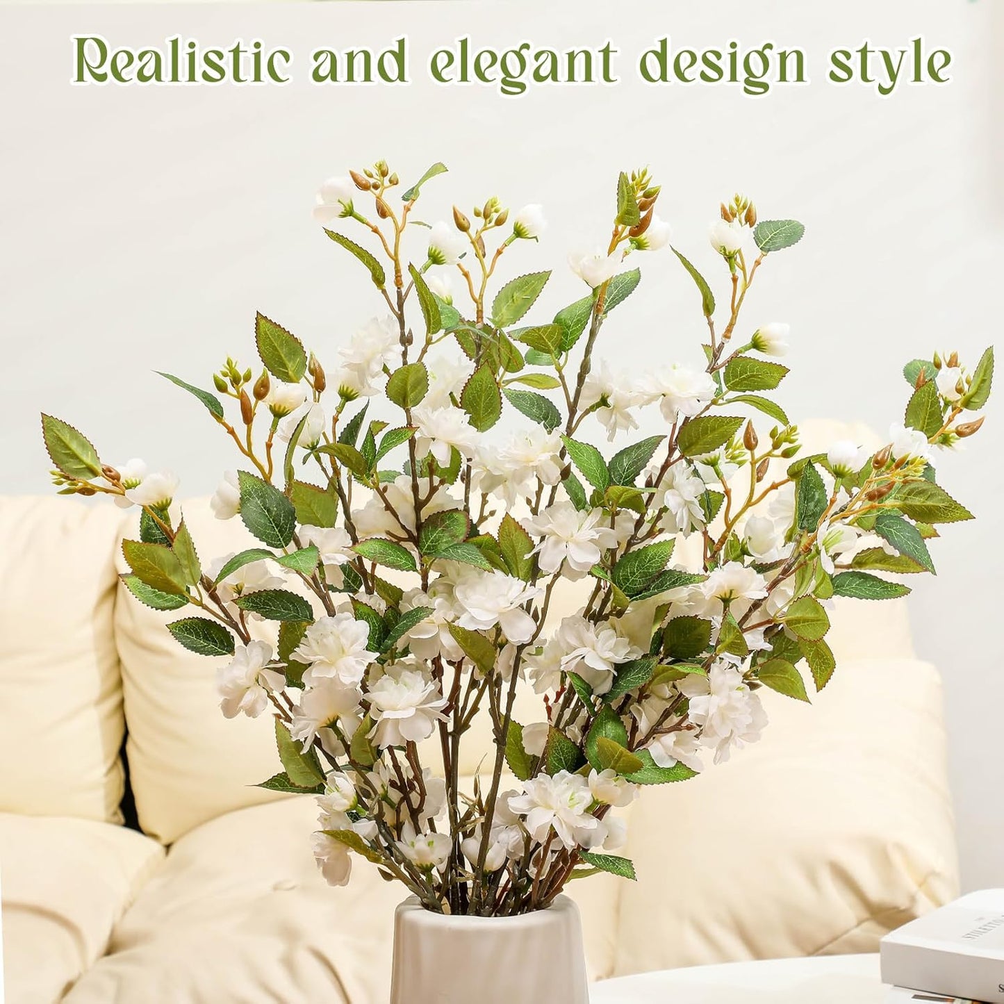 6 Pack 35" Artificial Camellia Flowers Bouquet White Faux Camellia Plants Simulated Realistic White Silk Flowers for Table Decorations, Weddings, Home, Office Decor