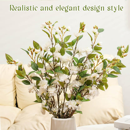 6 Pack 35" Artificial Camellia Flowers Bouquet White Faux Camellia Plants Simulated Realistic White Silk Flowers for Table Decorations, Weddings, Home, Office Decor