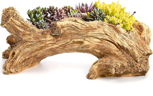 Artificial Driftwood Succulent Planter, Resin Tree Stump Sculpture Rustic Cactus Flower Pot for Herb, Strawberry, Small Plants, Natural Color Drainage Hole, 14.6" L x 4.3" W x 5.1" H