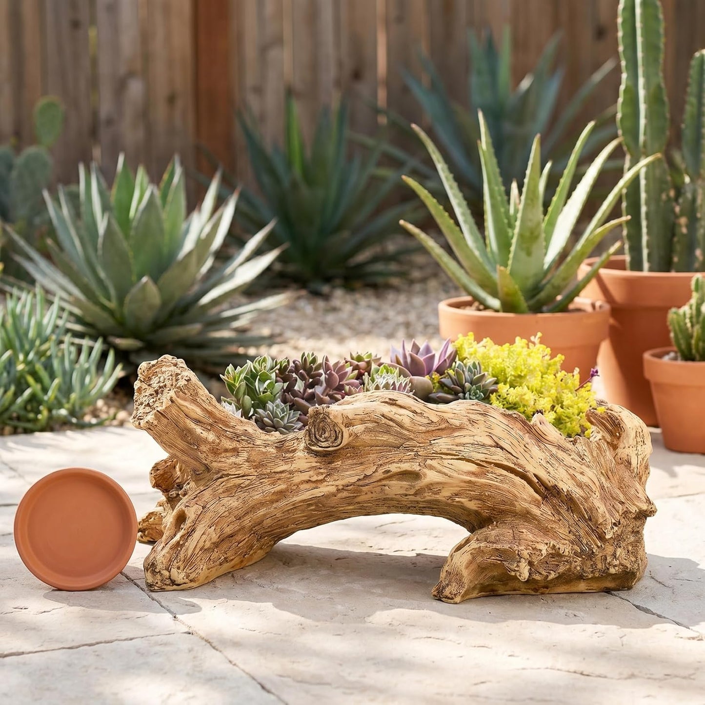Artificial Driftwood Succulent Planter, Resin Tree Stump Sculpture Rustic Cactus Flower Pot for Herb, Strawberry, Small Plants, Natural Color Drainage Hole, 14.6" L x 4.3" W x 5.1" H