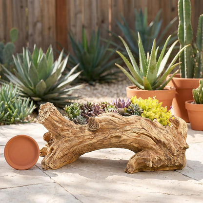 Artificial Driftwood Succulent Planter, Resin Tree Stump Sculpture Rustic Cactus Flower Pot for Herb, Strawberry, Small Plants, Natural Color Drainage Hole, 14.6" L x 4.3" W x 5.1" H