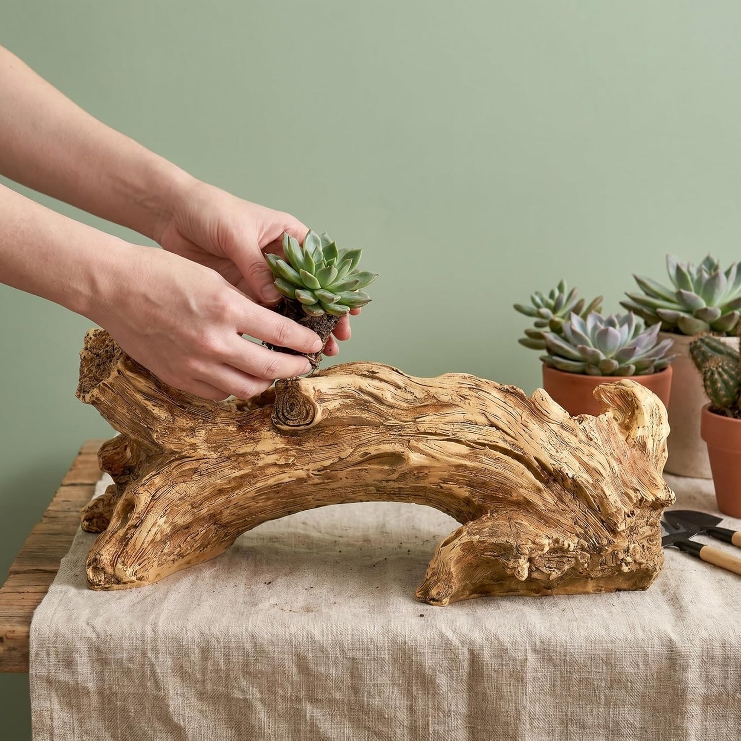 Artificial Driftwood Succulent Planter, Resin Tree Stump Sculpture Rustic Cactus Flower Pot for Herb, Strawberry, Small Plants, Natural Color Drainage Hole, 14.6" L x 4.3" W x 5.1" H