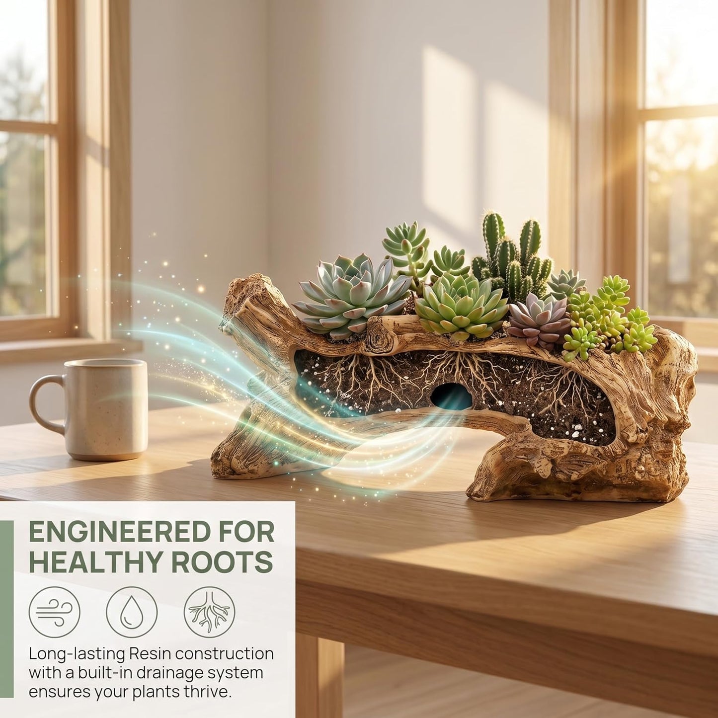 Artificial Driftwood Succulent Planter, Resin Tree Stump Sculpture Rustic Cactus Flower Pot for Herb, Strawberry, Small Plants, Natural Color Drainage Hole, 14.6" L x 4.3" W x 5.1" H