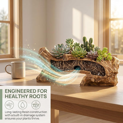 Artificial Driftwood Succulent Planter, Resin Tree Stump Sculpture Rustic Cactus Flower Pot for Herb, Strawberry, Small Plants, Natural Color Drainage Hole, 14.6" L x 4.3" W x 5.1" H